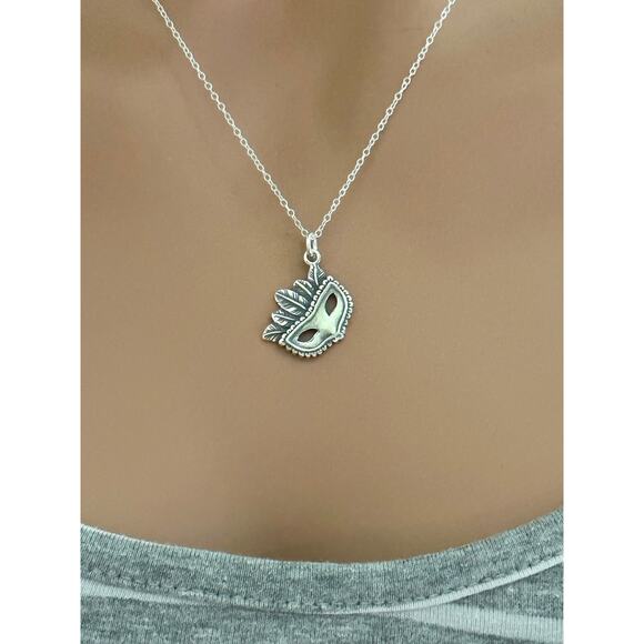 Sterling Silver Mardi Gras Mask with Feathers Necklace - Picture 1 of 5
